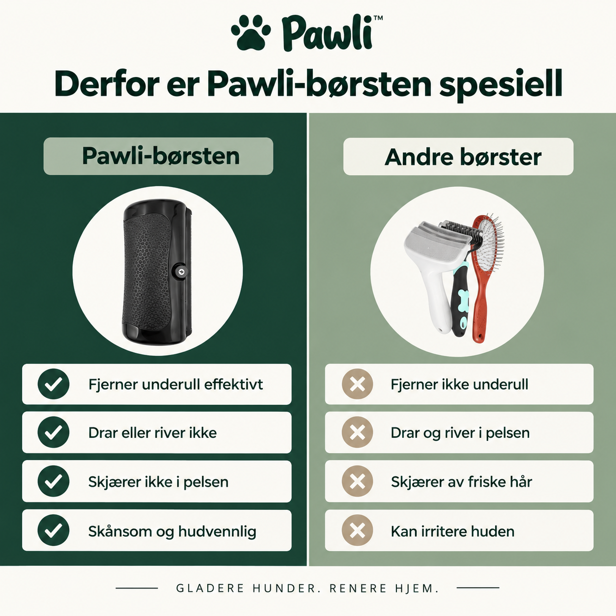 Pawli Pelsfri™ sammenlignet med vanlige børster