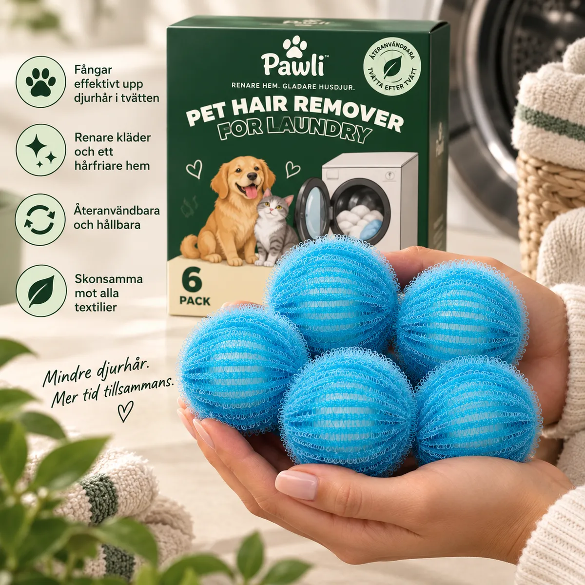 Pawli Hårfri™ – 6-pack återanvändbara tvättbollar som fångar upp djurhår i tvätten