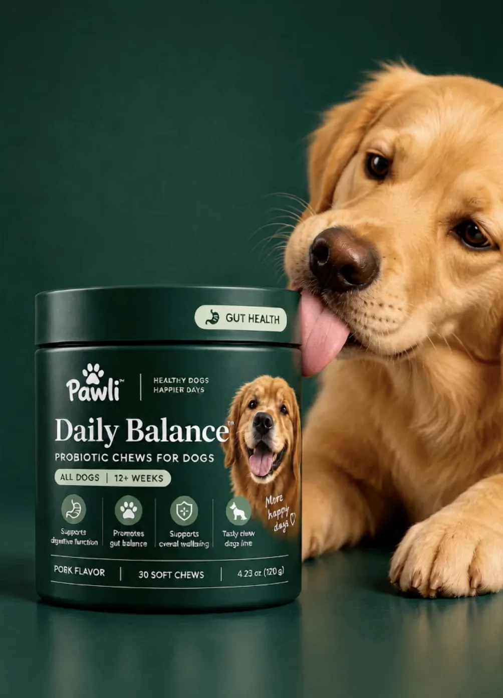 Golden retriever slikker på Daily Balance-boksen