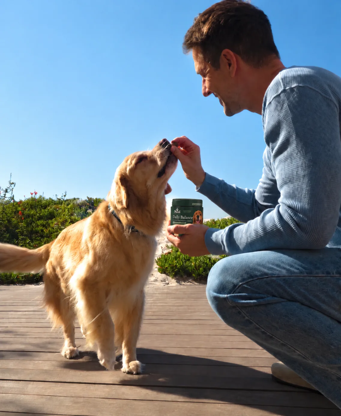 Mann gir Daily Balance tyggebit til golden retriever utendørs